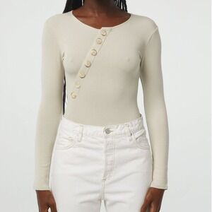 The Line by K Evelyn Ribbed Bodysuit Small Beige Asymmetrical Button Minimalist